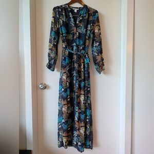 H&M Floral Long Sleeve Blue Maxi Dress Sz 2